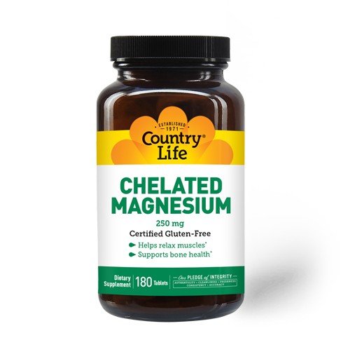 250 milligrams Chelated Magnesium | Country Life | Muscle Relaxation | Bone Health | Gluten Free | Dietary Supplement | 180 Tablets | VitaminLife