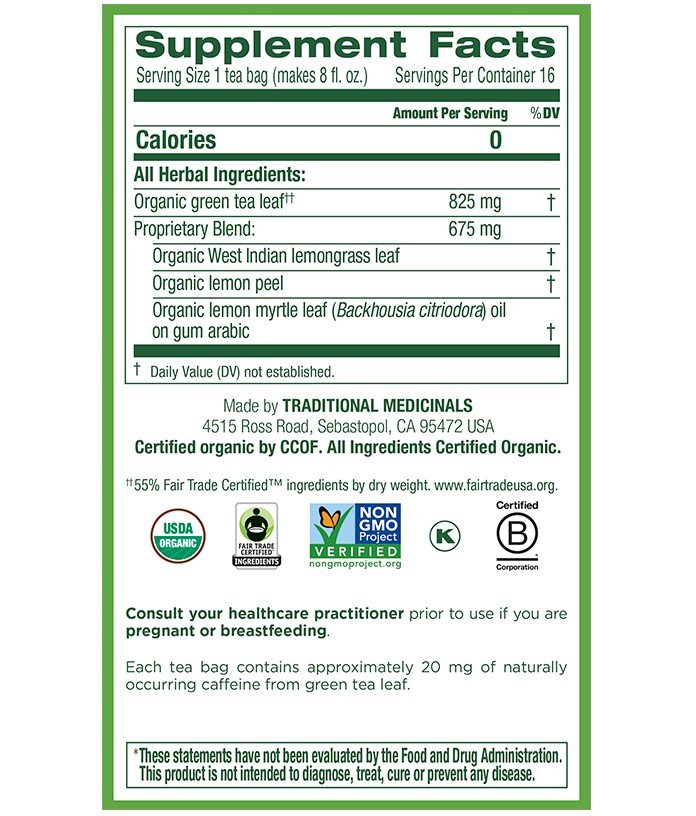 Traditional Medicinals Organic Green Tea with Lemongrass 16 Bag