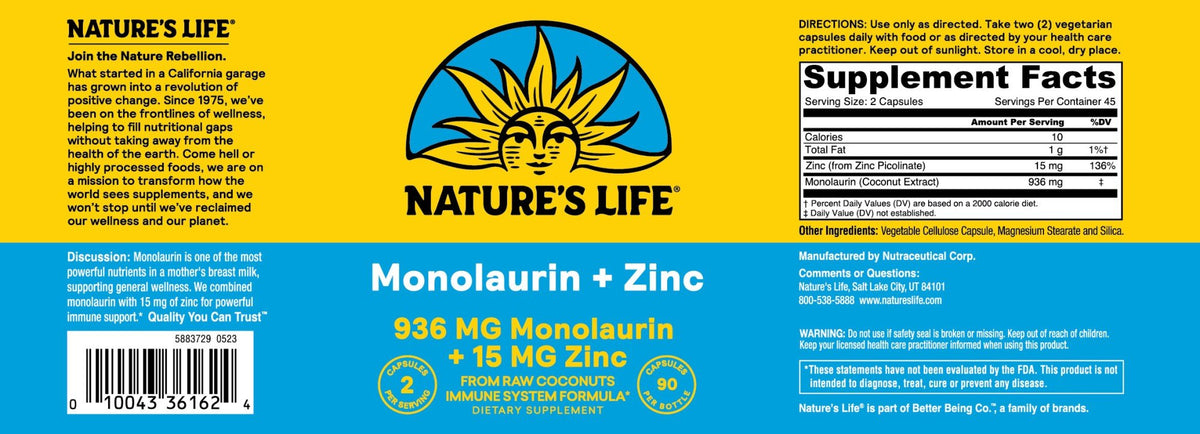 Natures Life Monalaurin + Zinic 1,000 MG 90 VegCap