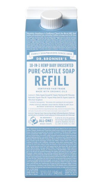 Dr. Bronner's Pure Castile Soap Refill Carton Baby Unscented 32 oz Container