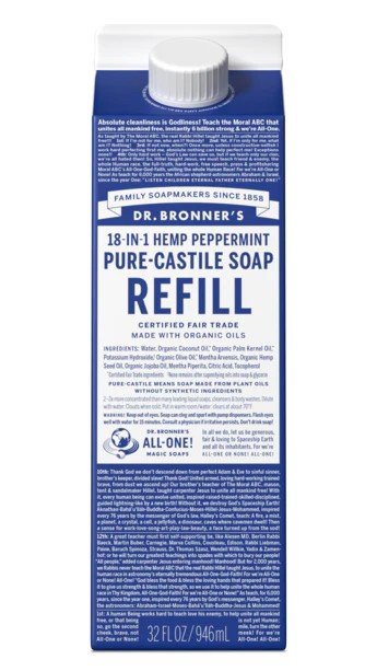 Dr. Bronner's Pure Castile Soap Refill Carton Peppermint 32 oz Container