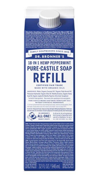 Dr. Bronner&#39;s Pure Castile Soap Refill Carton Peppermint 32 oz Container