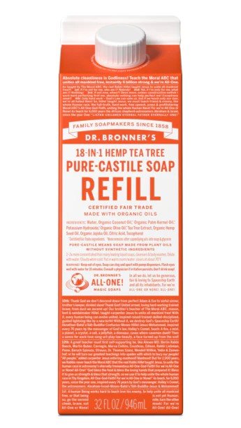 Dr. Bronner's Pure Castile Soap Refill Carton Tea Tree 32 oz Container