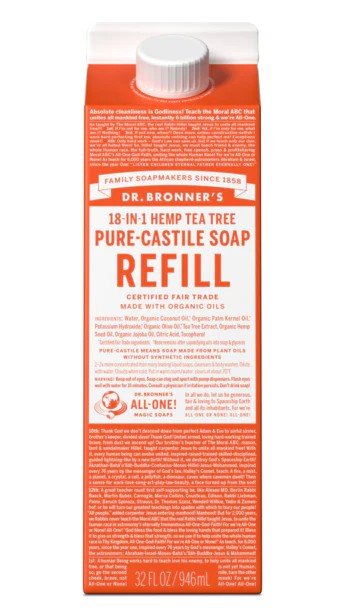 Dr. Bronner&#39;s Pure Castile Soap Refill Carton Tea Tree 32 oz Container