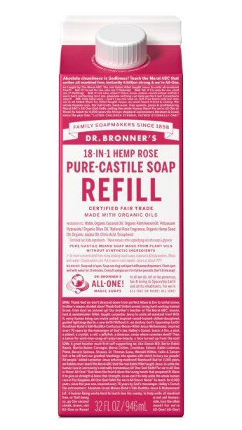 Dr. Bronner&#39;s Pure Castile Soap Refill Carton Rose 32 oz Container