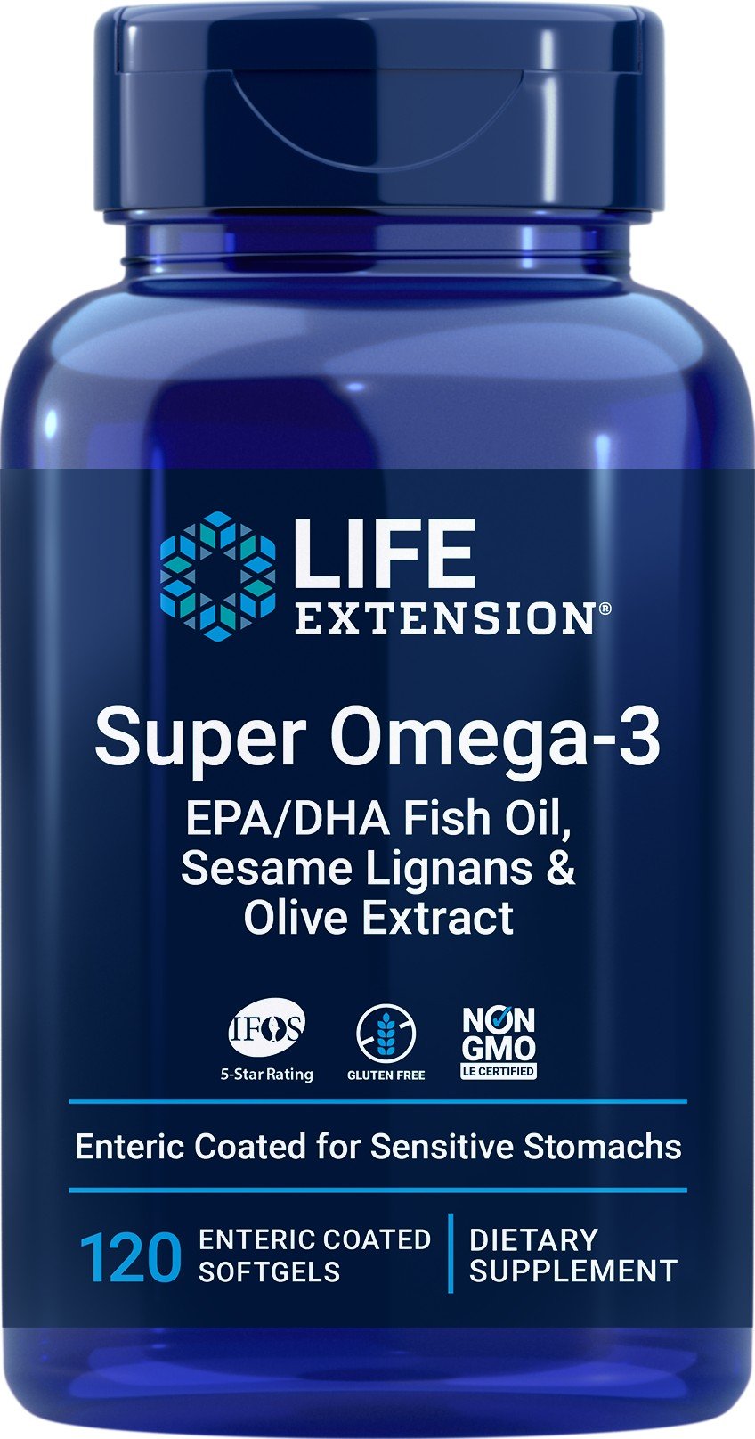 Life Extension Super Omega 3 EPA DHA with Sesame Lignans and Olive Fruit Extract Enteric Coated 120 Softgel