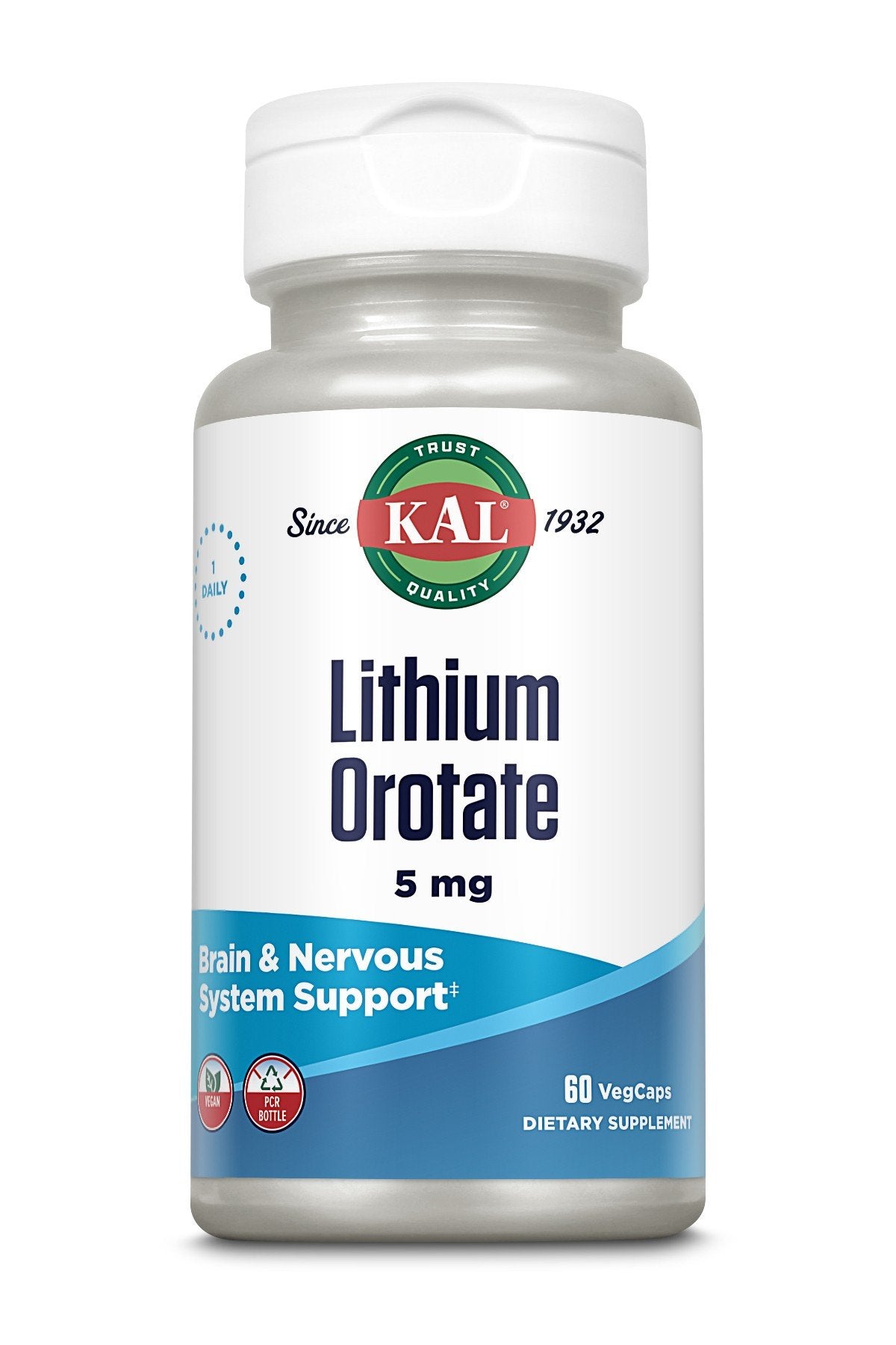 5 milligrams Lithium Orotate | Kal | Brain Support | Nervous System Support | 1 Daily | Vegan | Dietary Supplement | 60 VegCaps | 60 Capsules | VitaminLife