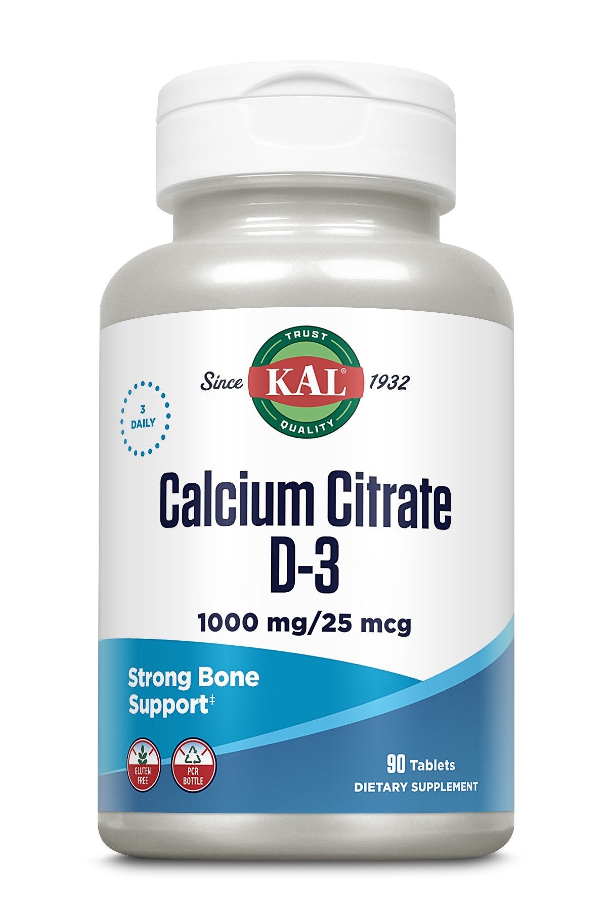 Calcium Citrate D-3 | Kal | Strong Bone Support | 3 Daily | Gluten Free | Dietary Supplement | 90 Tablets | VitaminLife