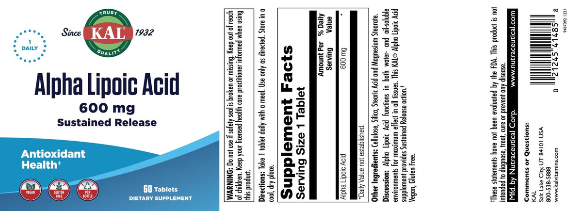 Kal Alpha Lipoic Acid 600mg SR 60 Tablet