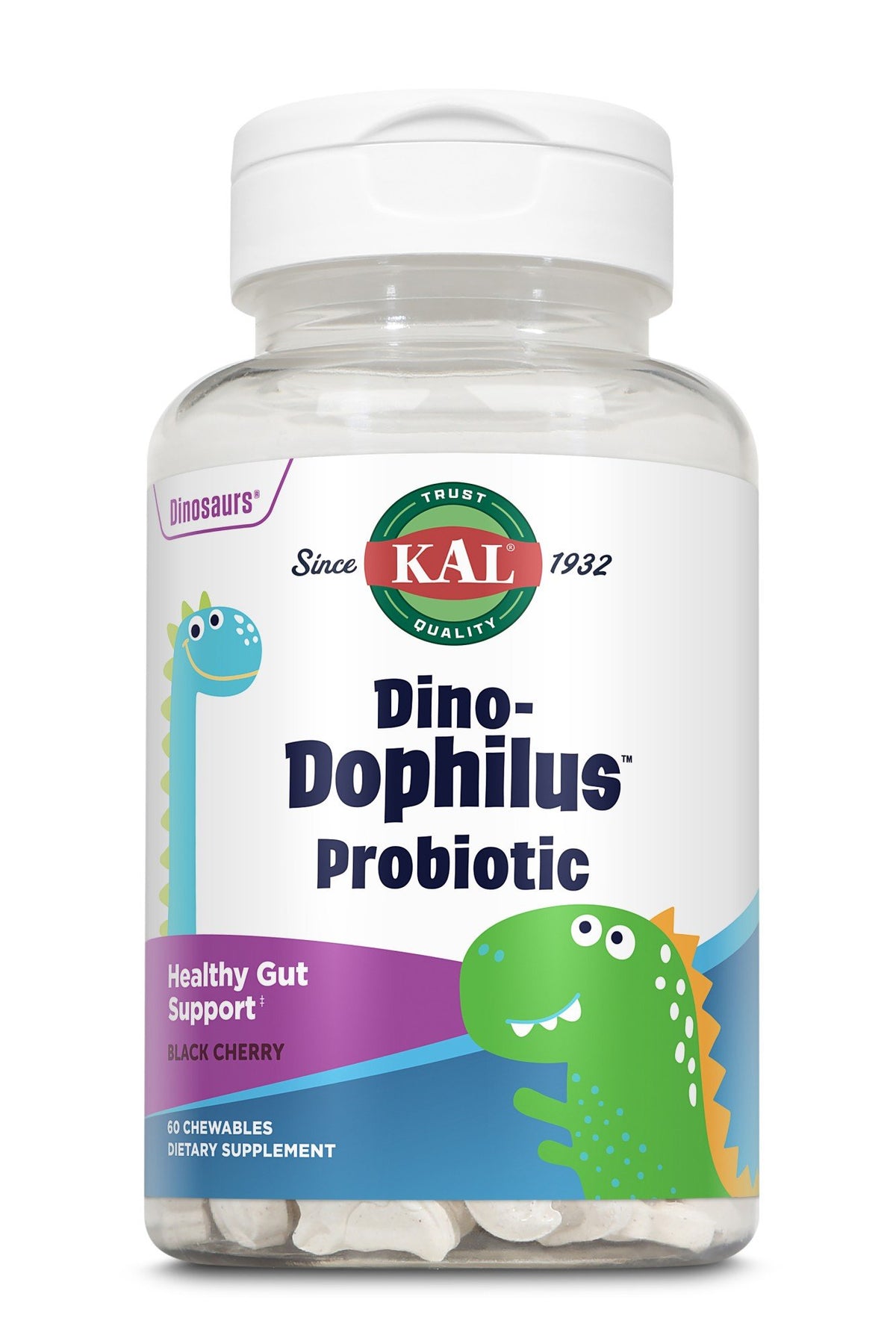 Dino-Dophilus Probiotic | Kal | Gut Support | Gut Health | Black Cherry Flavor | Dinosaur Shaped | Dietary Supplement | 60 Chewables | VitaminLife