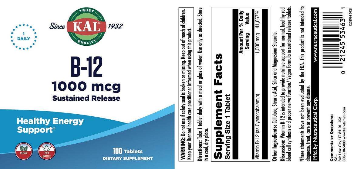 Kal B-12 1000mcg Sustained Release 100 Sustained Release Tablet