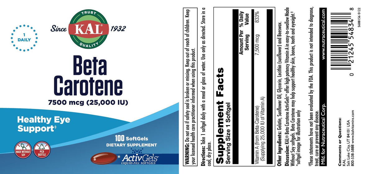 Kal Beta-Carotene 7500 mcg (25,000 IU ) 100 Softgel