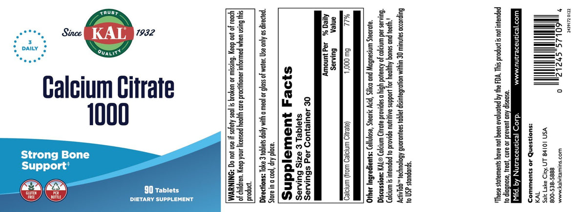 Kal Calcium Citrate 1000mg 90 Tablet
