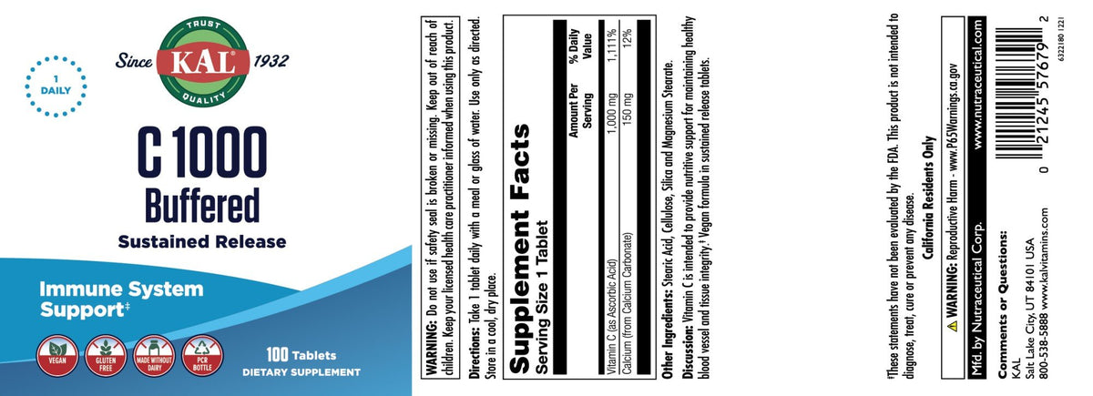 Kal Vitamin C-1000mg Buffered &amp; Timed Release 100 Sustained Release Tablet