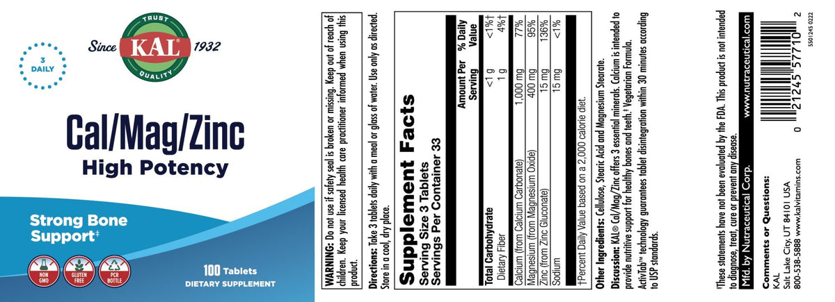 Kal Calcium/Magnesium/Zinc 100 Tablet