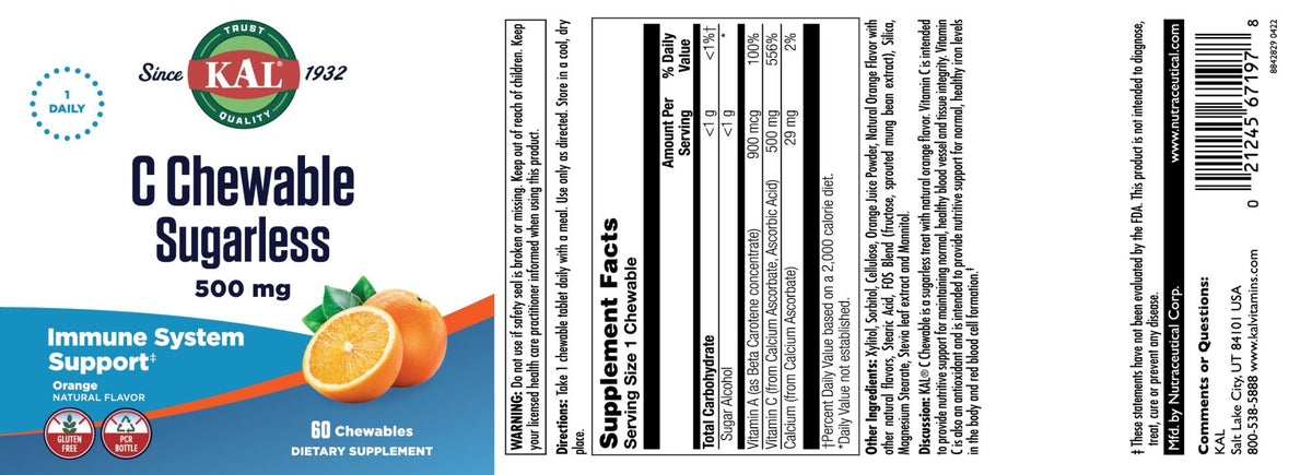 Kal C Chewable Sugarless Orange 60 Chewable