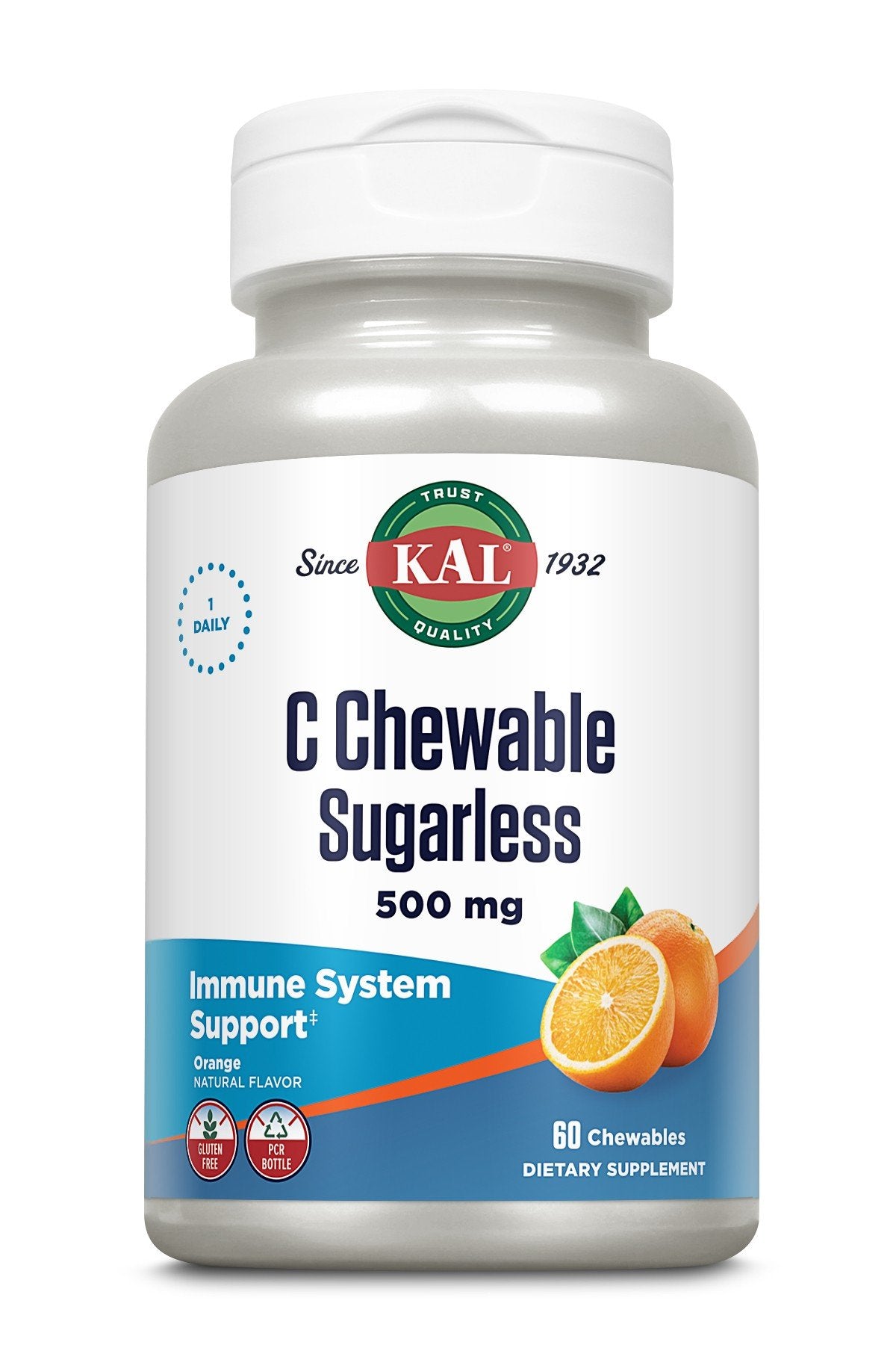 C Chewble Sugarless | Kal | Immune System Support | 500 milligrams Vitamin C | 900 micrograms Vitamin A | Gluten Free | Orange Flavor | Dietary Supplement | 60 Chewables | VitaminLife