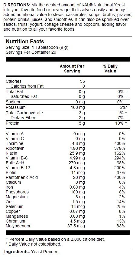 Kal Nutritional Yeast Powder Unflovored 6.3 oz Powder