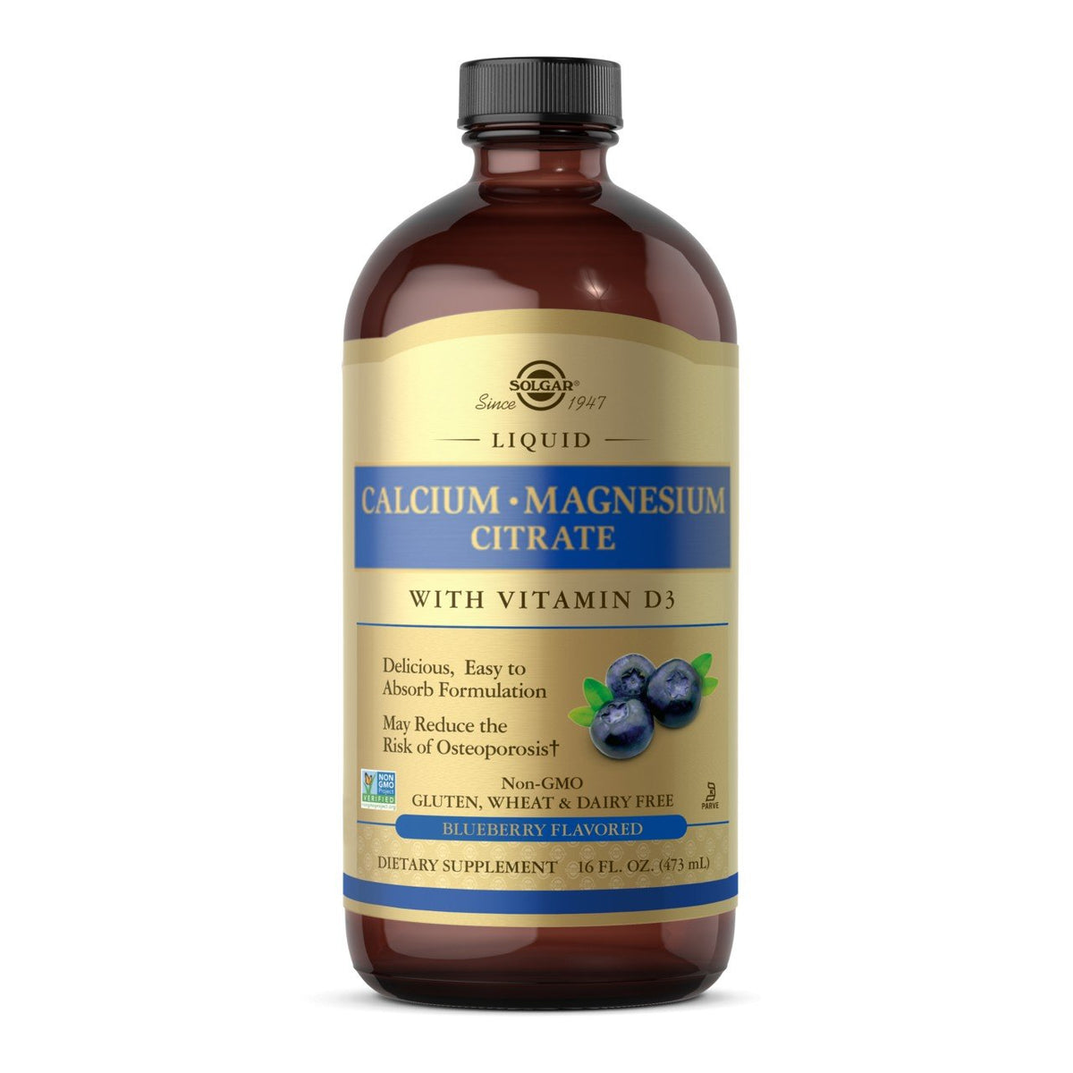 Solgar Liquid Calcium Magnesium Citrate with Vitamin D3 - Natural Blueberry Flavor 16 oz Liquid