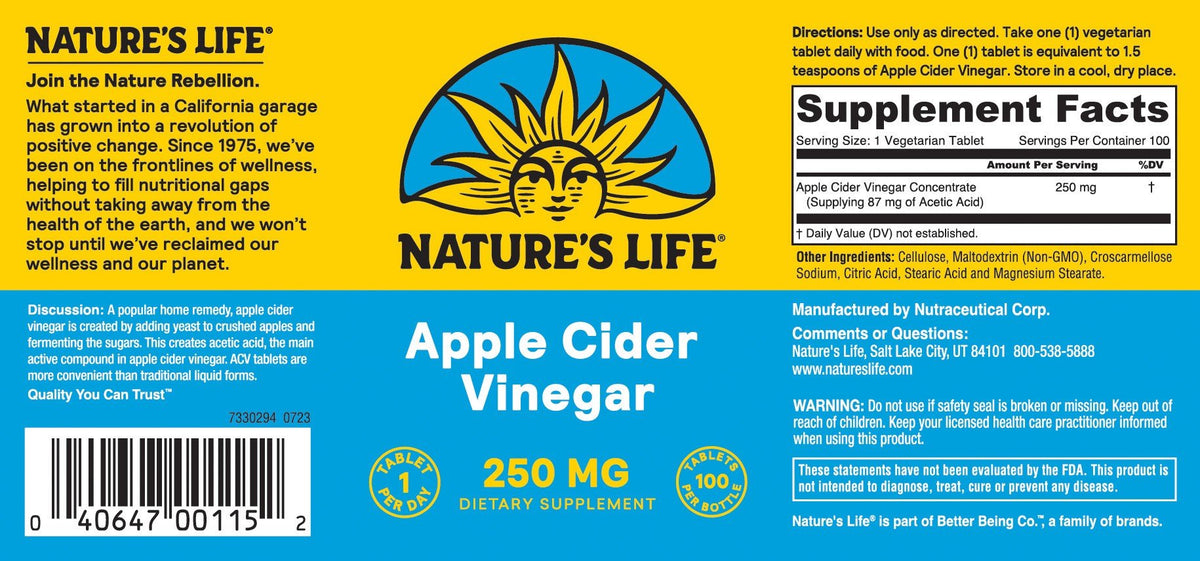 Natures Life Apple Cider Vinegar 250mg - Vegetarian 100 Tablet