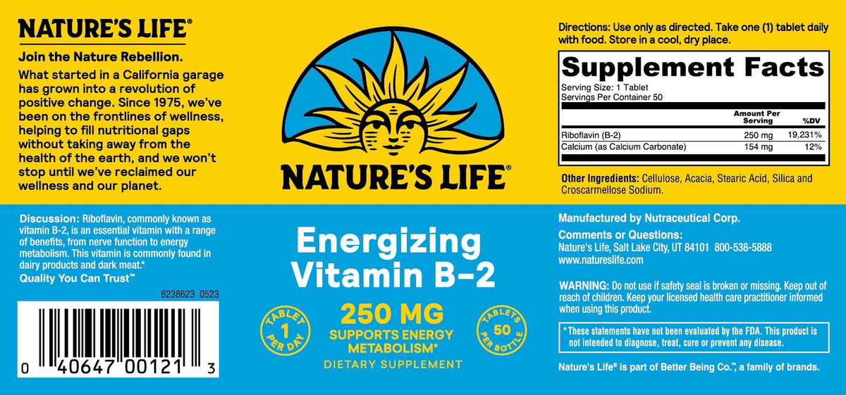 Natures Life Vitamin B-2 250mg - Vegetarian, Yeast-Free 50 Tablet