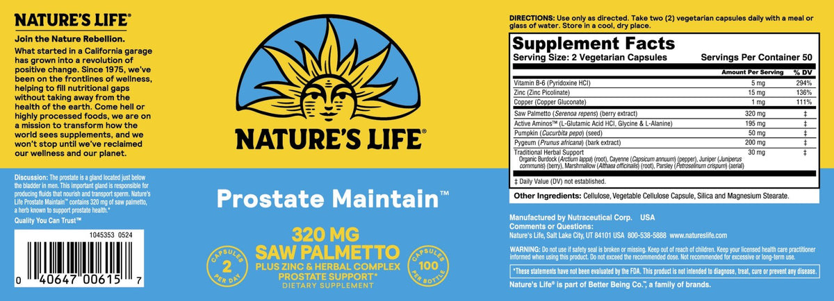 Natures Life Prostate Maintain 320mg Saw Palmetto 100 VegCap