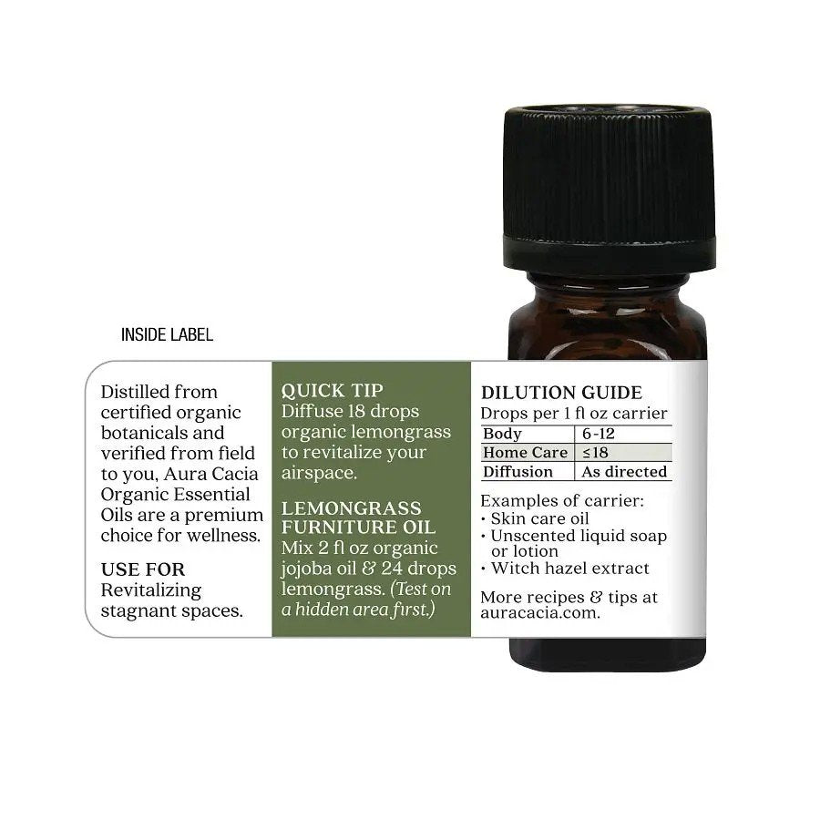 Aura Cacia Organic Lemongrass Essential Oil .25 oz (7.4ml) Oil