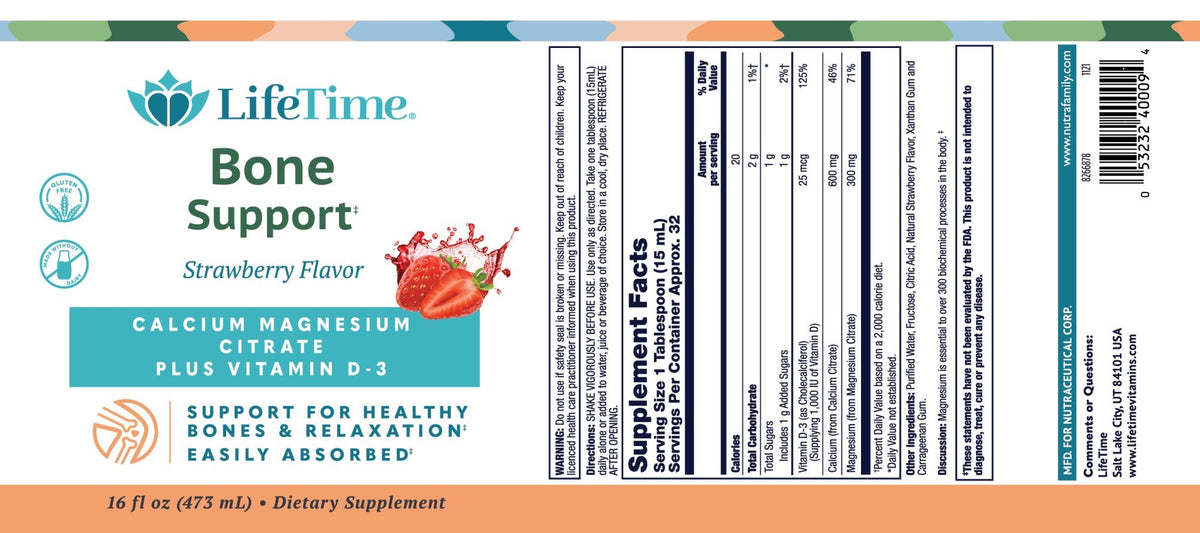 LifeTime Bone Support Strawberry Calcium Magnesium Citrate Plus Vitamin D-3 16 oz Liquid