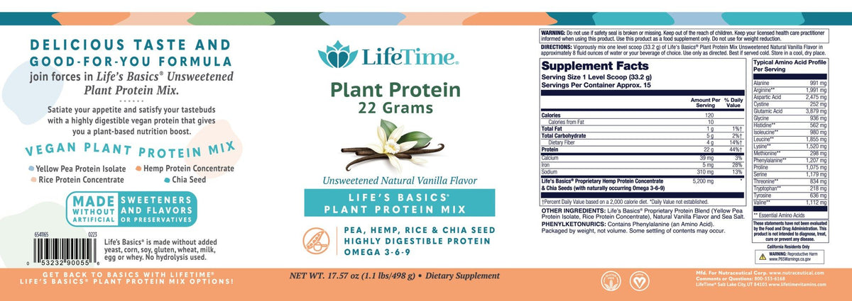 LifeTime Life&#39;s Basics Plant Protein Vanilla Unsweetened 1.1 lbs Powder