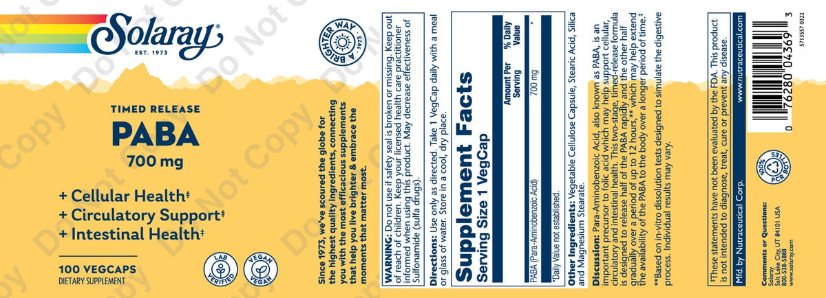 Solaray Timed-Release PABA 700 mg 100 Capsule