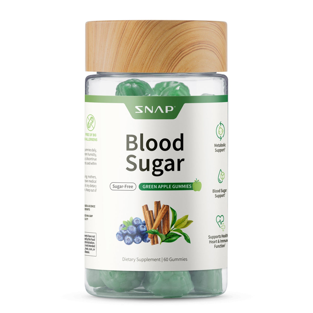 Snap Supplements Blood Sugar - Sugar-Free Green Apple Flavor 60 Gummies