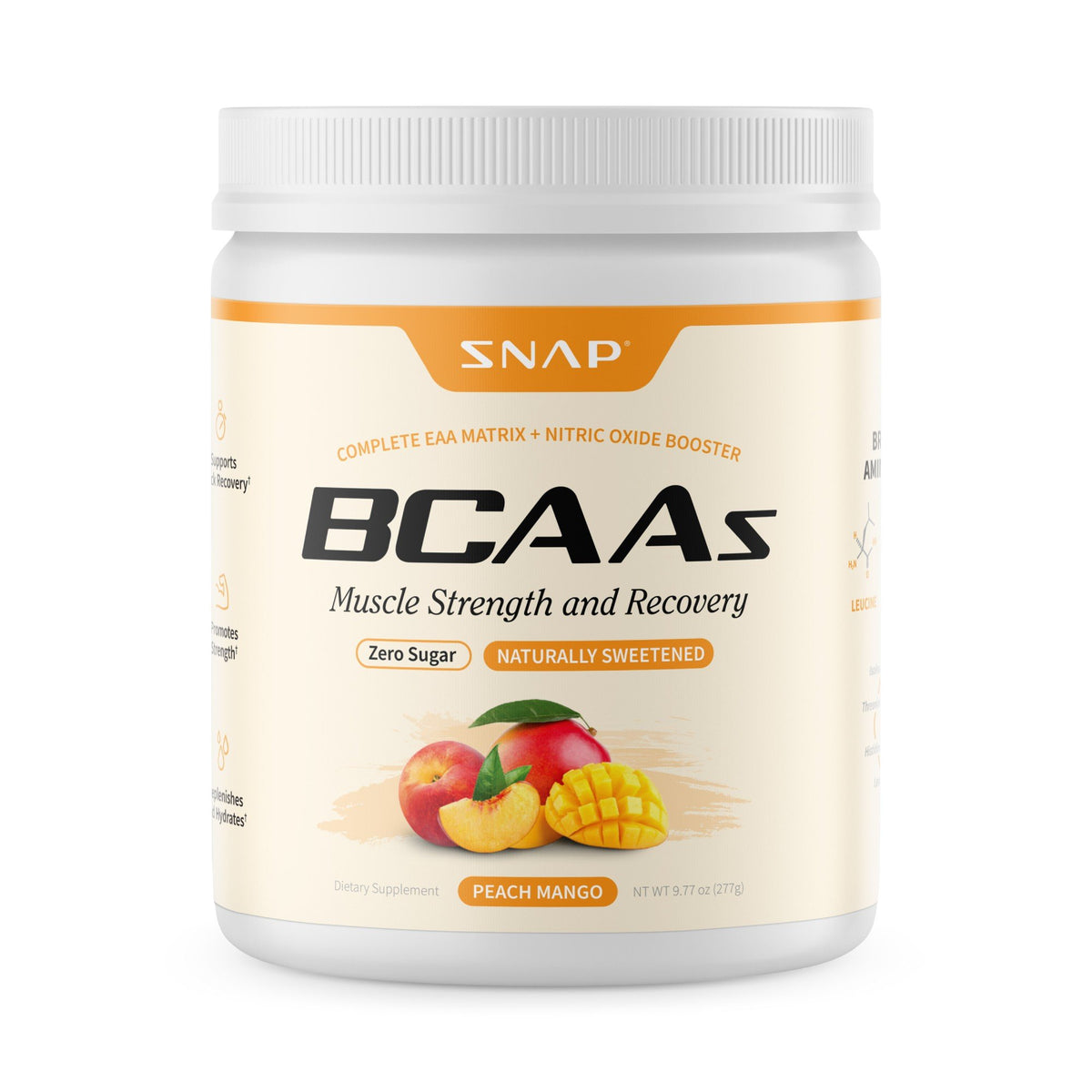 Snap Supplements BCAAs - Muscle Strength and Recovery - Sugar-Free Peach Mango Flavor 9.77 oz(277 g) Powder