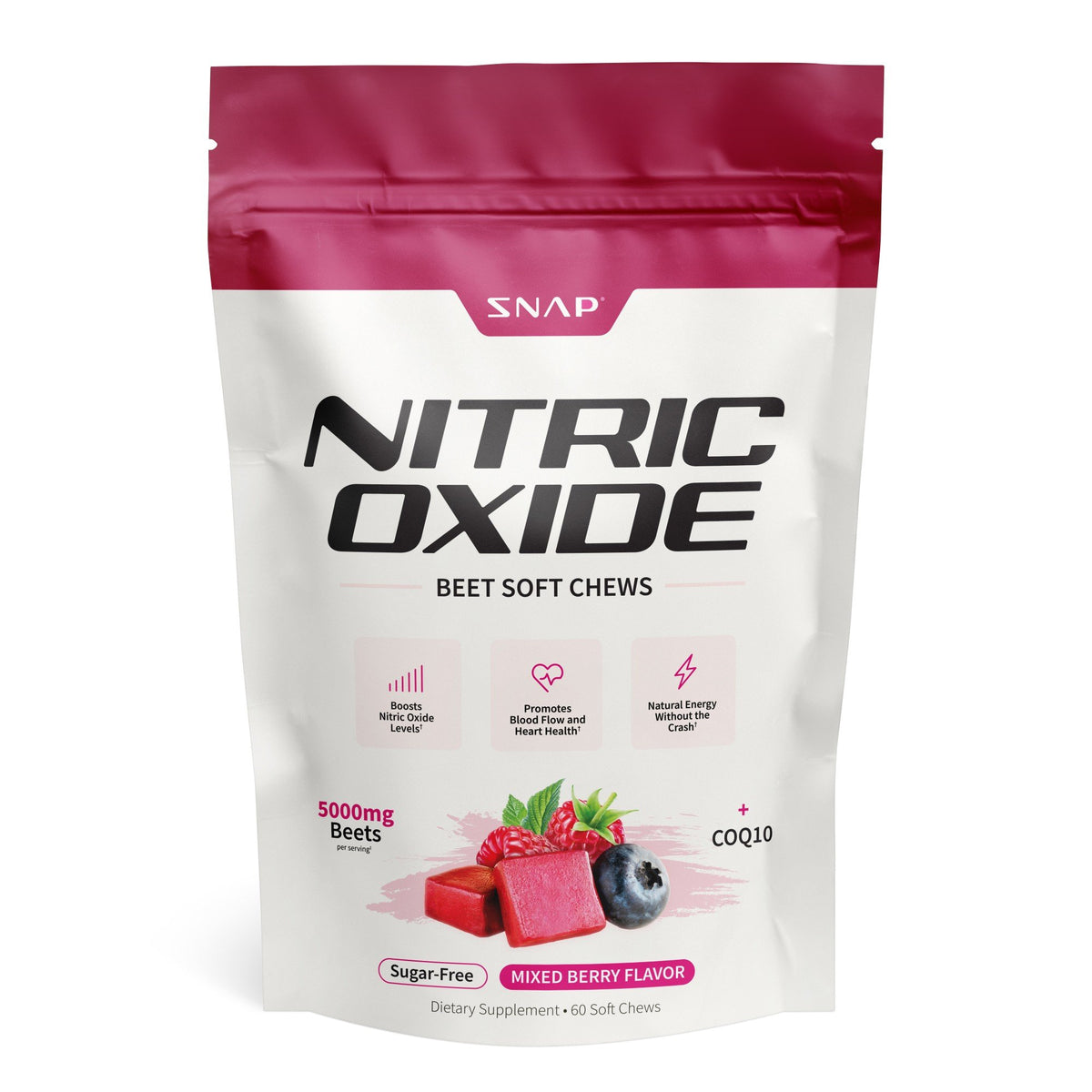 Snap Supplements Nitric Oxide + COQ10 - Sugar-Free Mixed Berry Flavor 60 Soft Chews