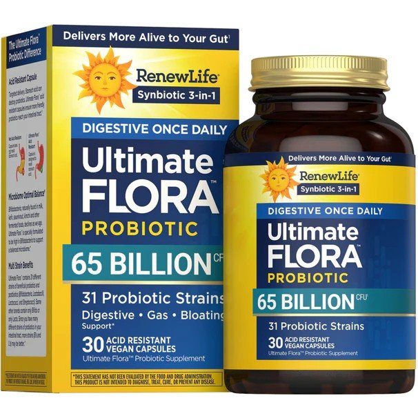 Renew Life Ultimate Flora Digestive Once Daily Probiotic - 65 Billion CFU 30 Vegan Capsules