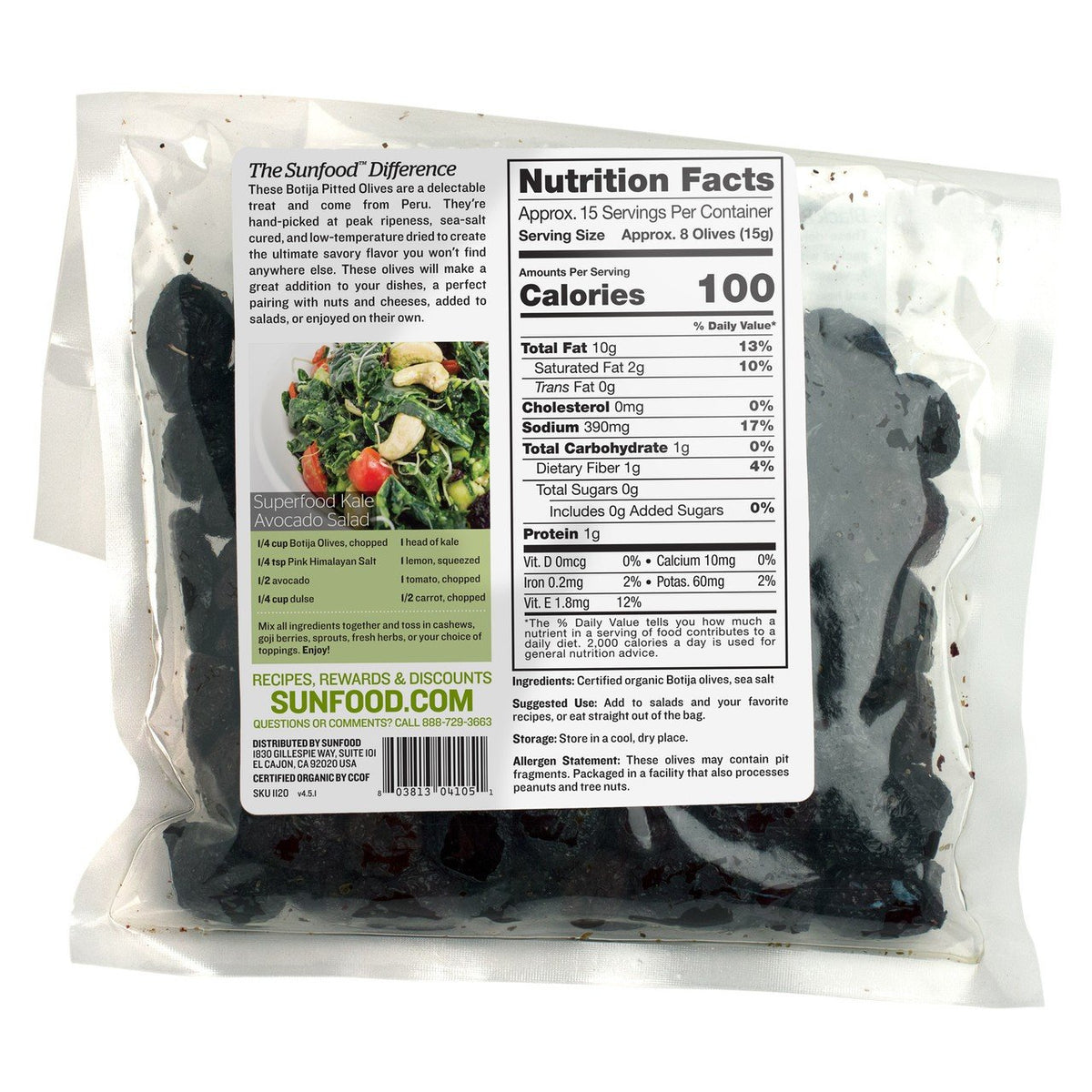 Sunfood Black Botija Olives, Pitted,Organic Raw 8 oz Packet