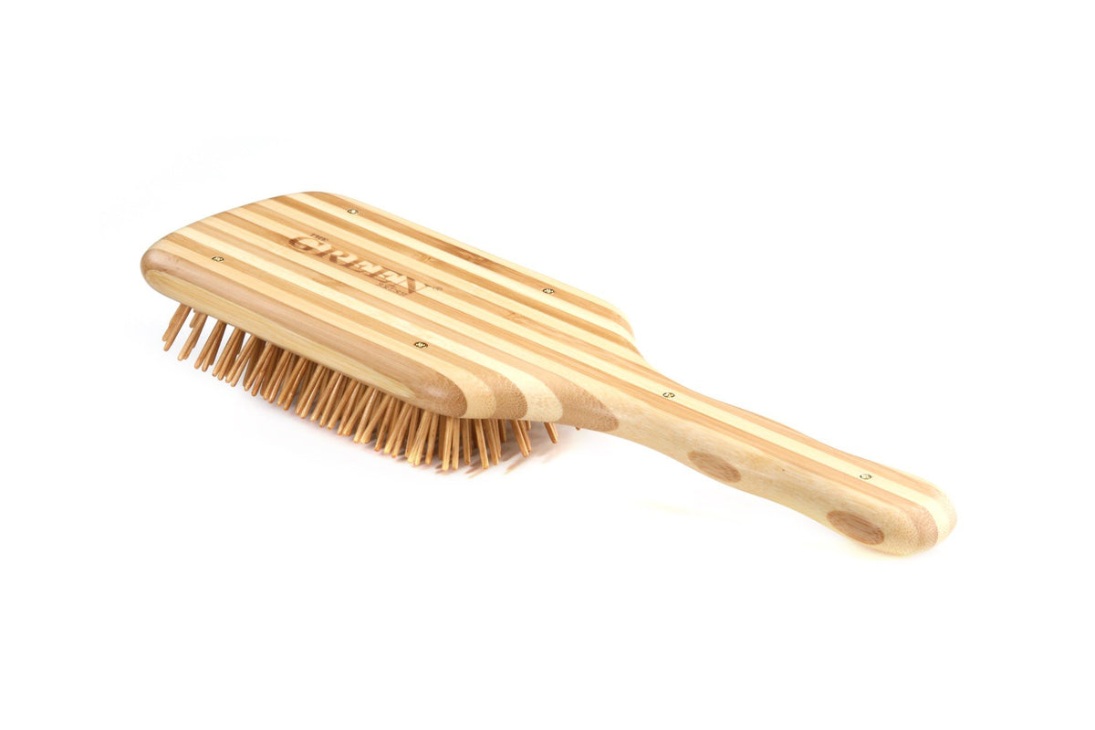 Bass Brushes Large Square Paddle Brush Cushion Wood Pin Striped Bristle Bamboo Handle 1 Brush