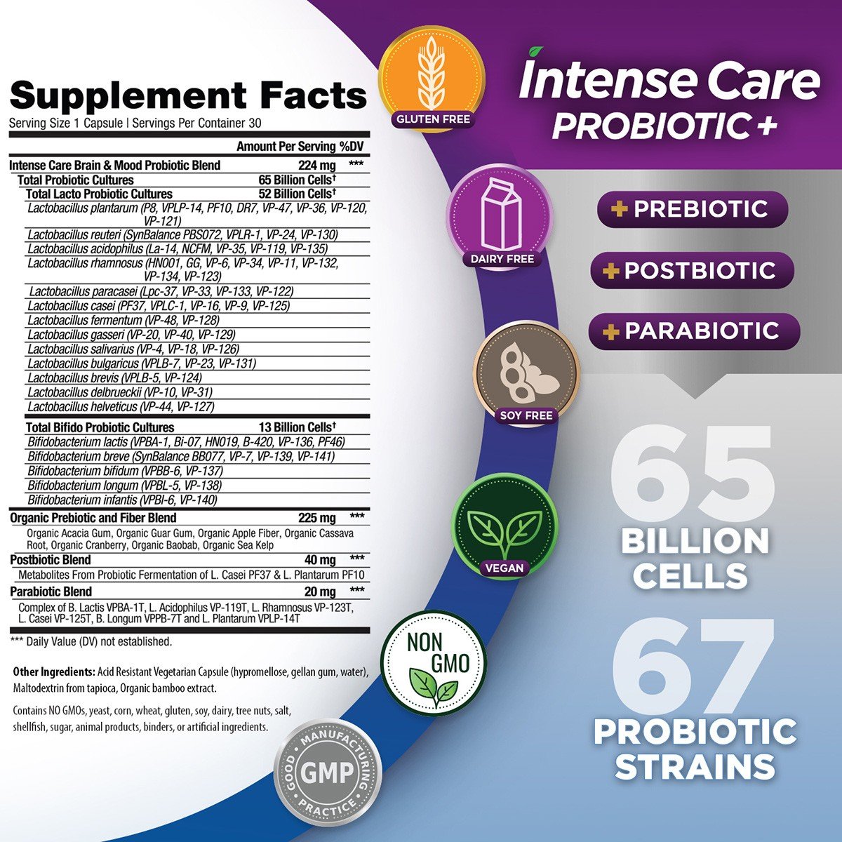 Vital Planet Intense Care Probiotic-Brain + Mood-No Refrigeration Required 30 Acid Resistant Vegetable Capsules