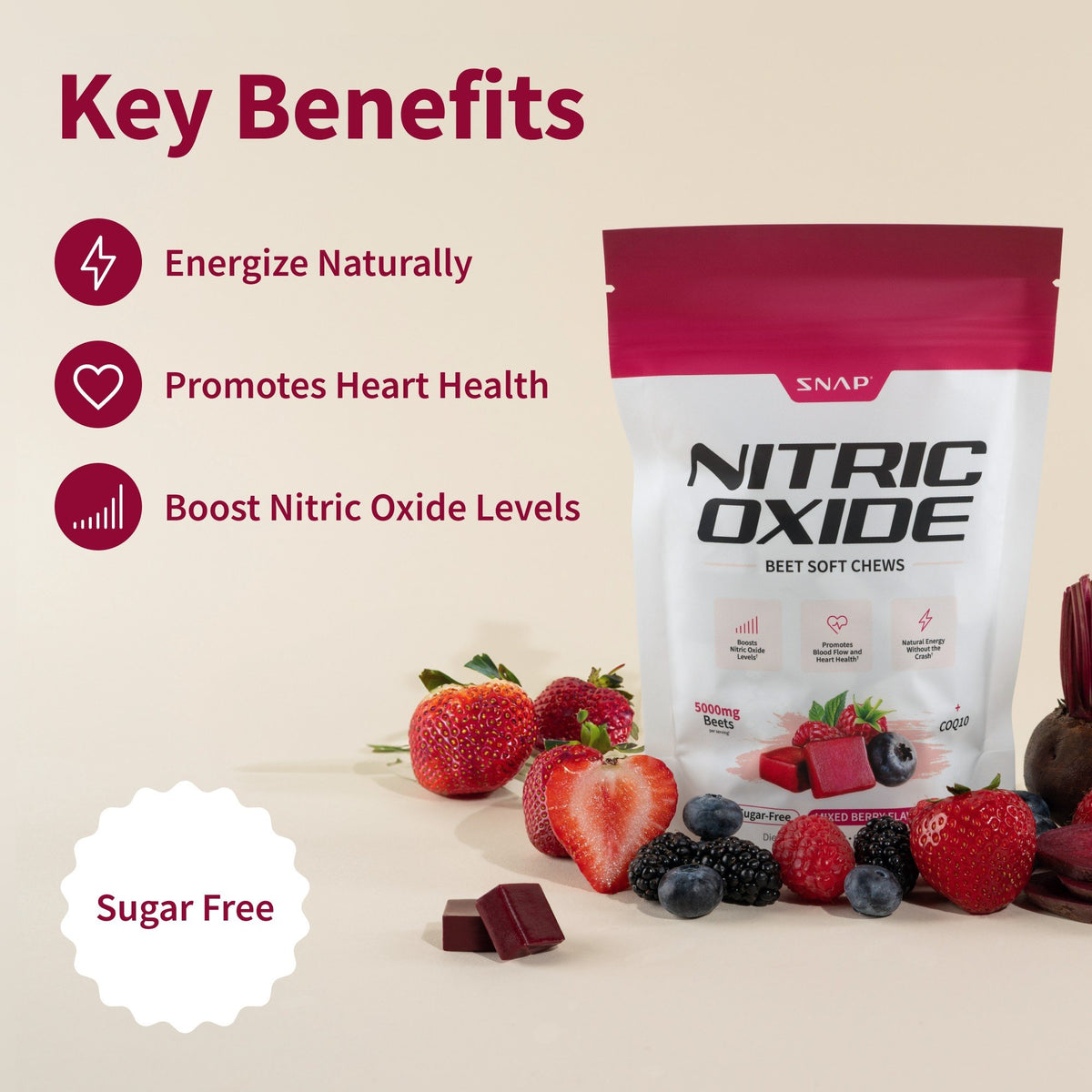 Snap Supplements Nitric Oxide + COQ10 - Sugar-Free Mixed Berry Flavor 60 Soft Chews