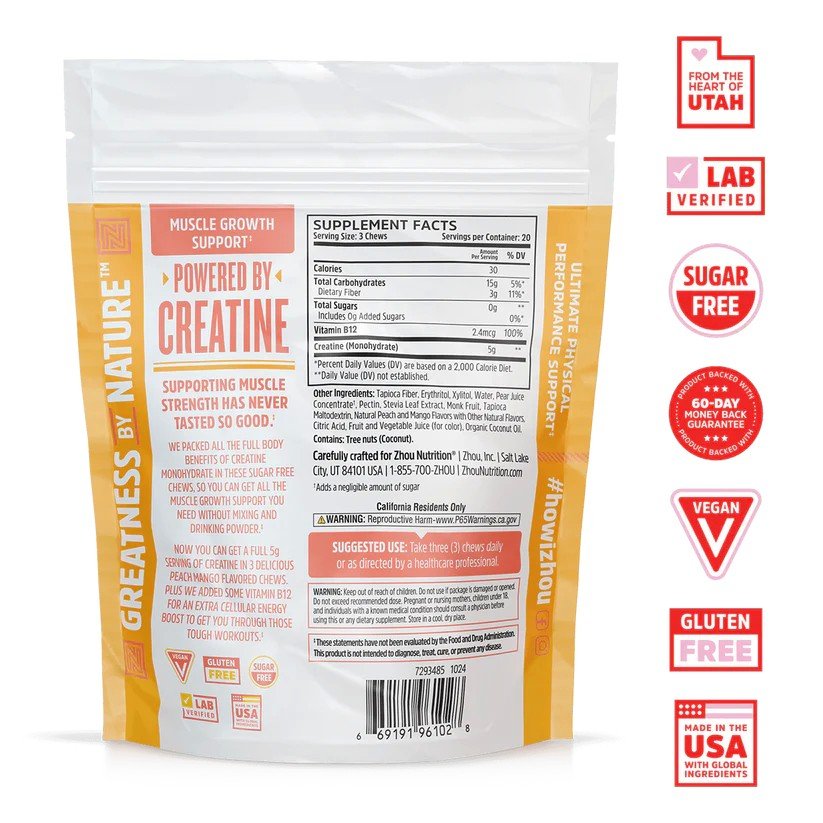 Zhou Nutrition Creatine Chews - Peach Mango 60 Chewable
