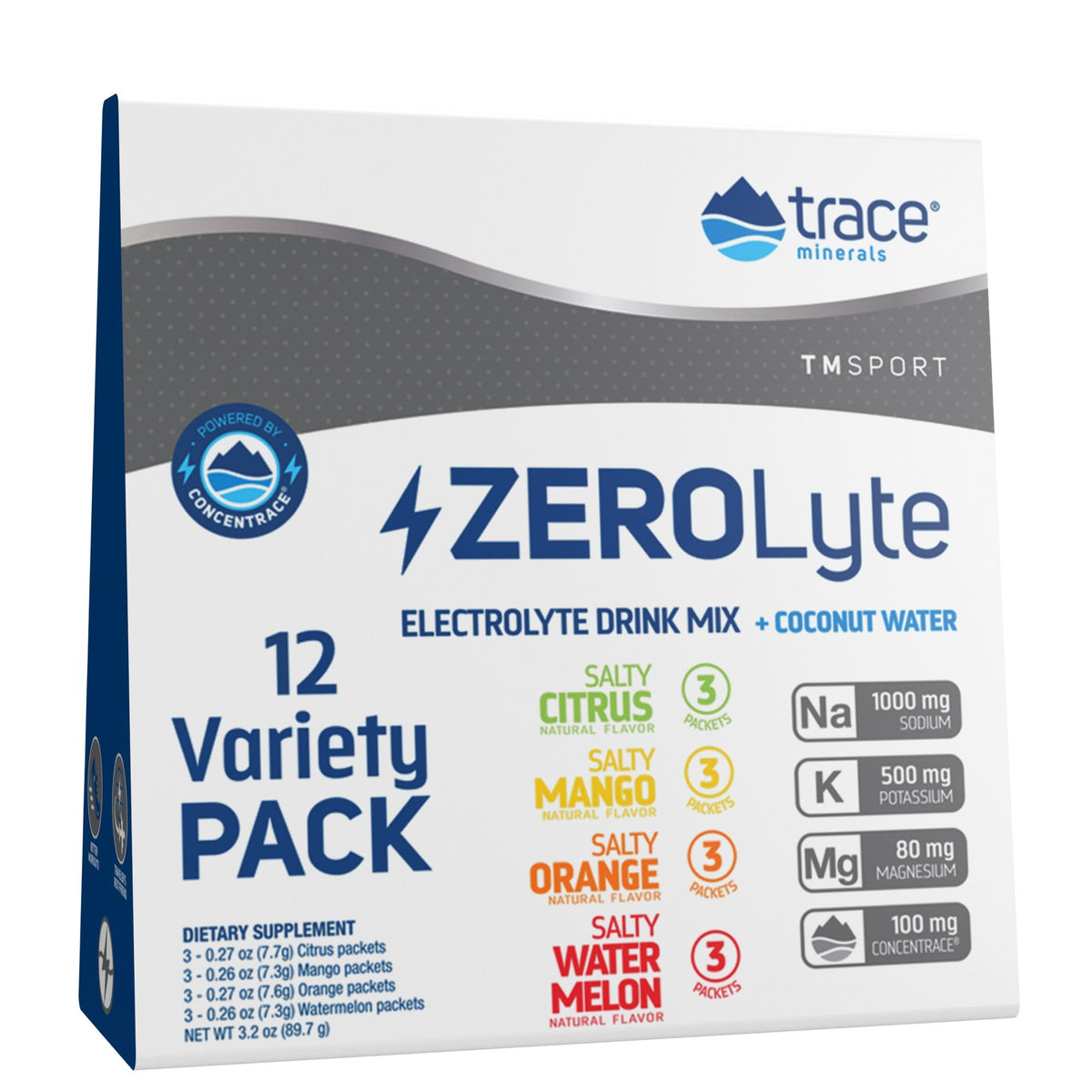 Trace Minerals ZEROLyte - Electrolyte Drink Mix Variety Pack - Citrus, Orange, Watermelon, Mango Powder 30 - 0.25 oz (7g) pa Powder