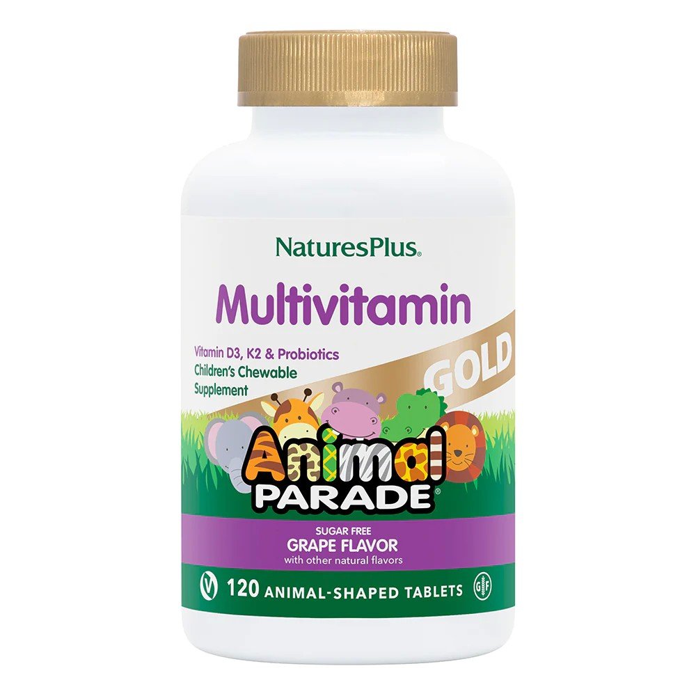 Nature's Plus SOL Animal Parade Gold-Children's Multi-Vitamin & Mineral Grape Flavor 120 Chewable