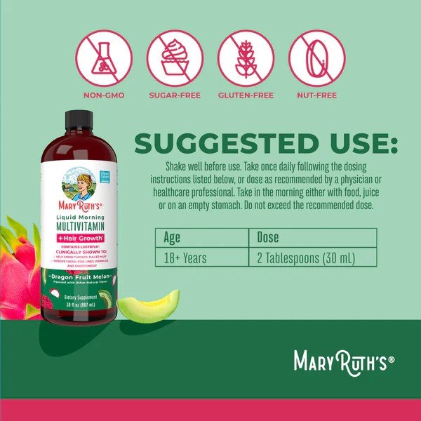 MaryRuth's Liquid Morning Multivitamin + Hair Growth-Dragonfruit Melon 30 fl oz (887 mL) Liquid