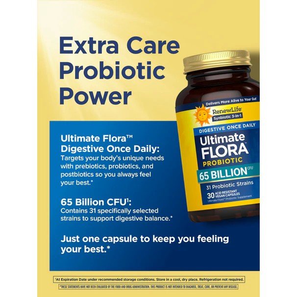 Renew Life Ultimate Flora Digestive Once Daily Probiotic - 65 Billion CFU 30 Vegan Capsules