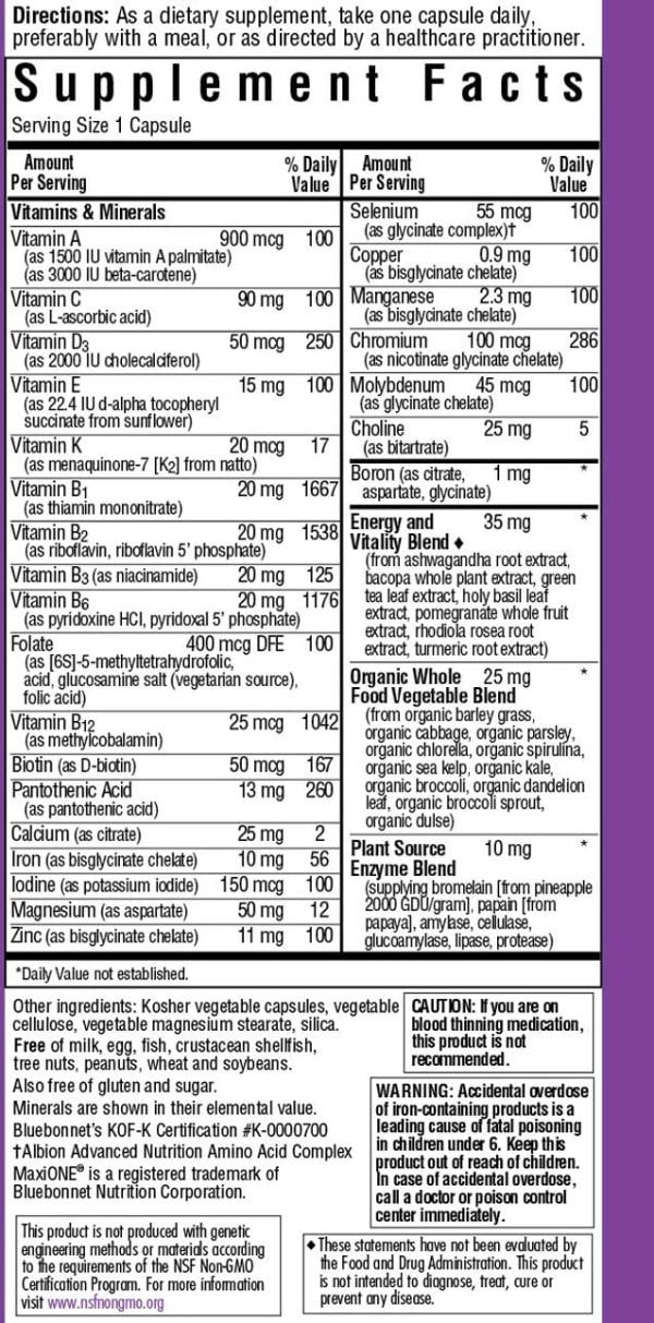 Bluebonnet Maxi One Whole Food-Based With Iron 60 VegCap