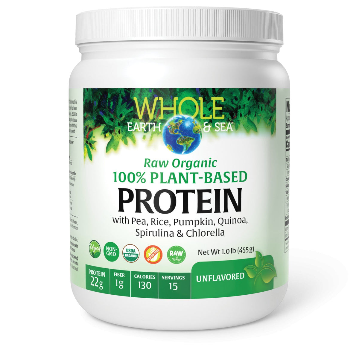 Natural Factors Whole Earth & Sea Raw Organic 100% Plant-Based Protein-Unflavored 1 lb Powder