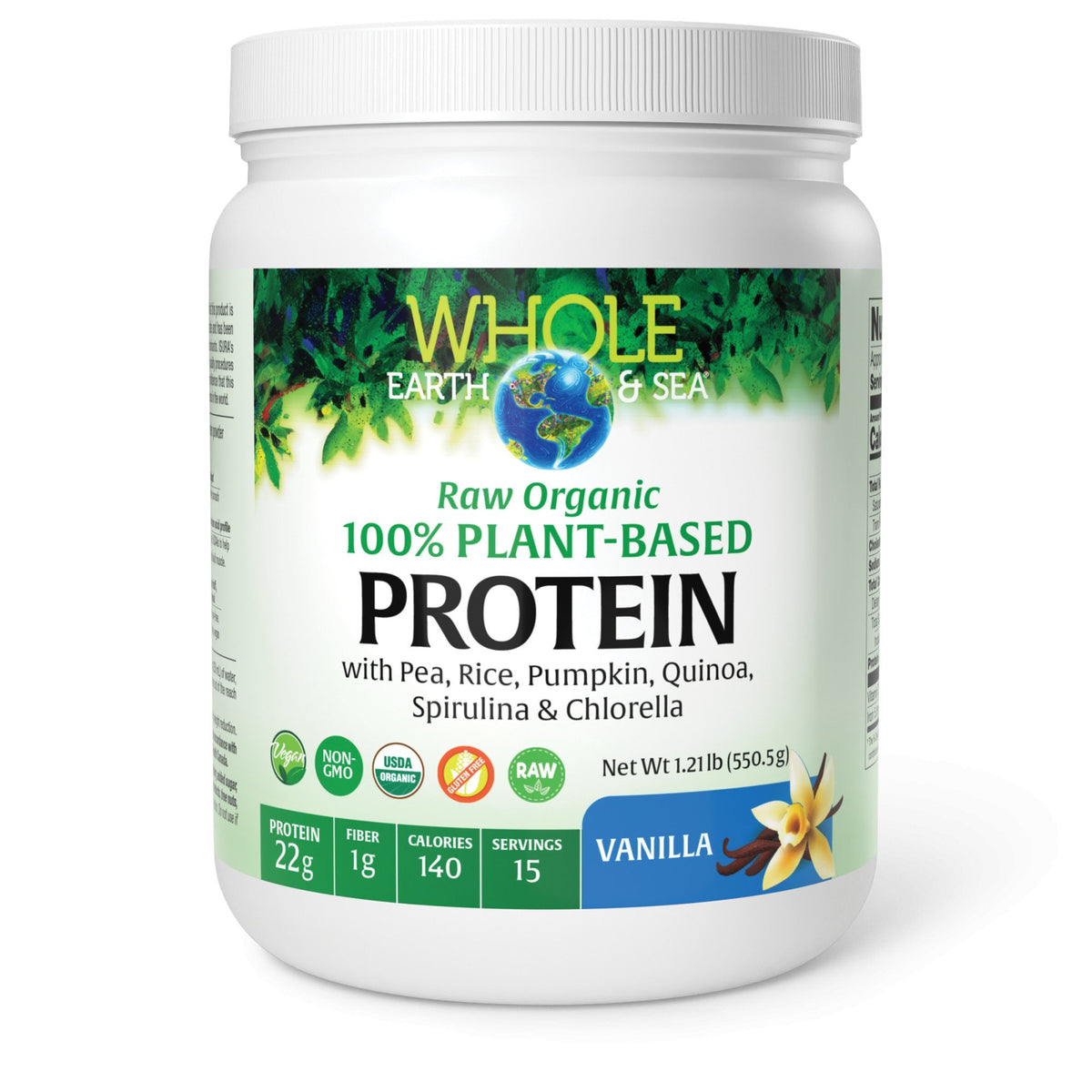 Natural Factors Whole Earth & Sea Raw Organic 100% Plant-Based Protein-Vanilla 1.21 lb Powder