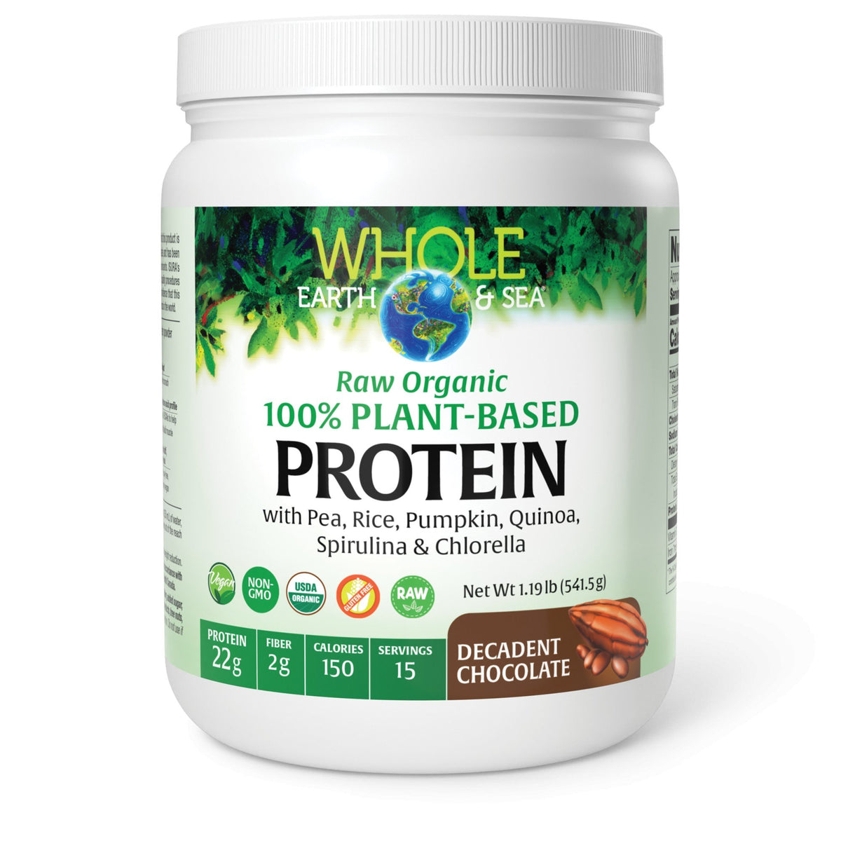 Natural Factors Whole Earth & Sea Raw Organic 100% Plant-Based Protein-Chocolate 1.19 lb Powder