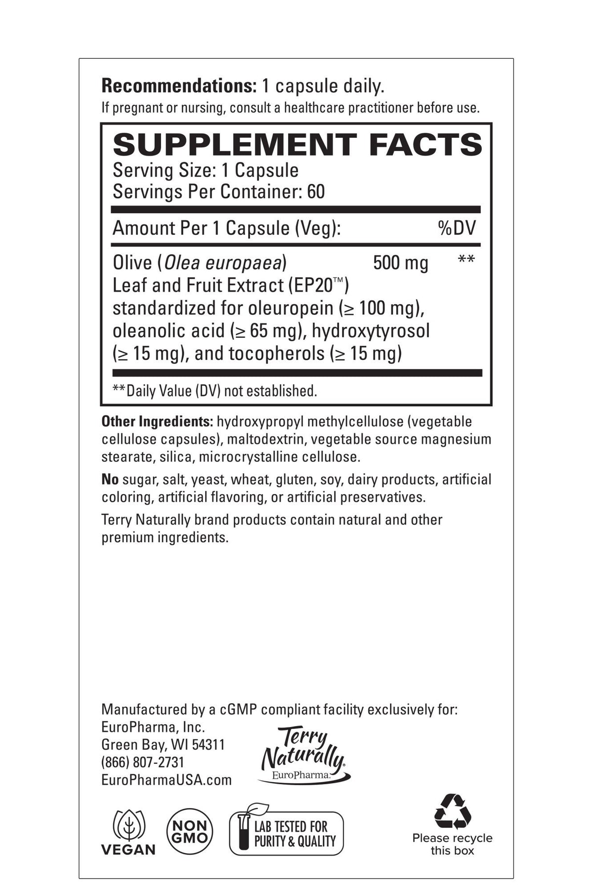 EuroPharma (Terry Naturally) Olive Extract EP20 60 Capsule