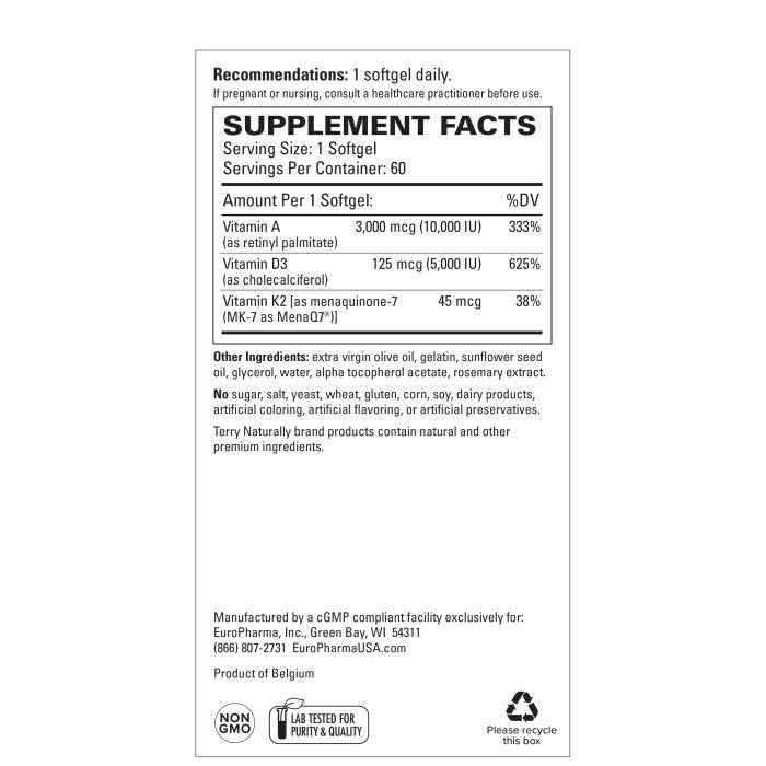 EuroPharma (Terry Naturally) A-D3-K2 Optimal Health Formula 60 Softgel