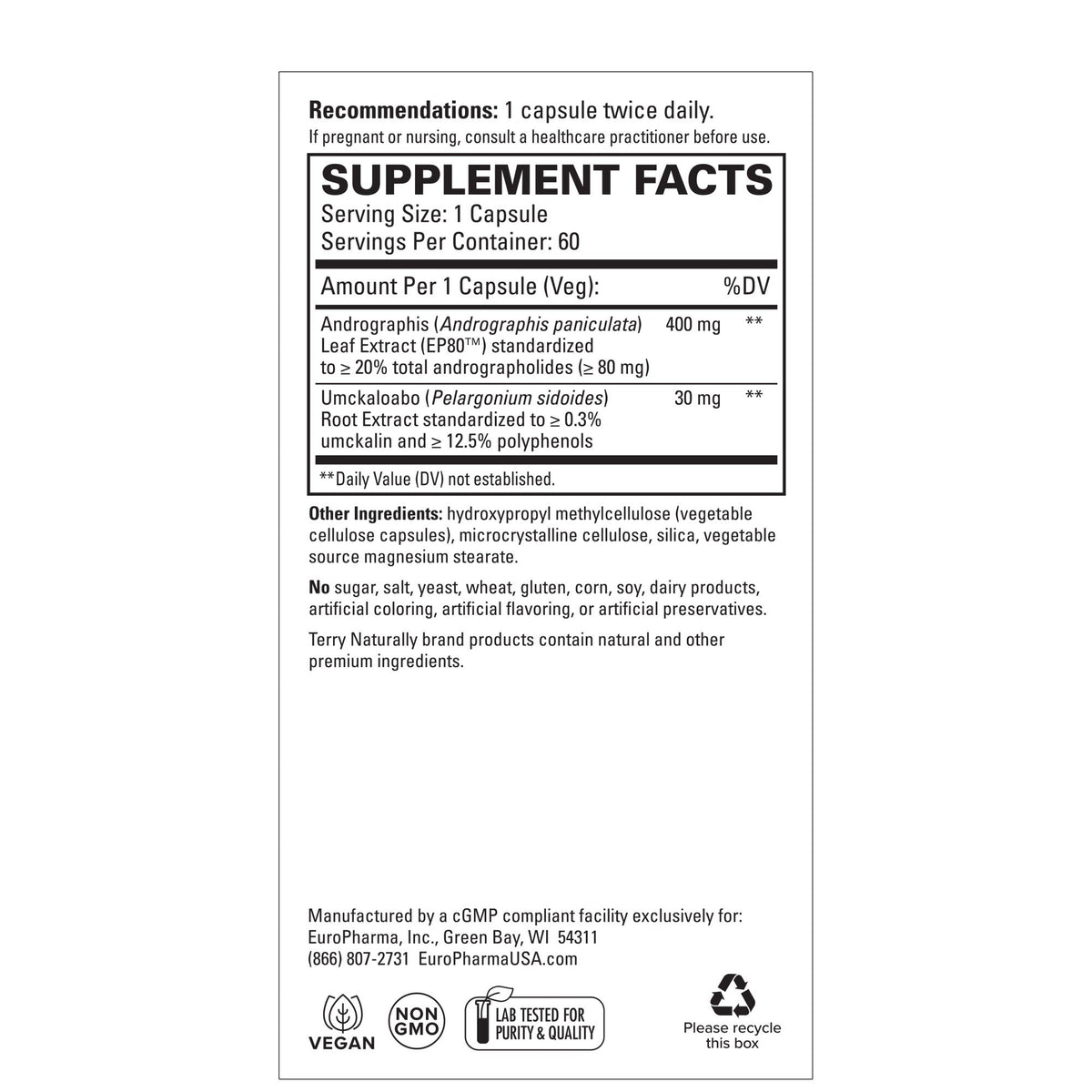 EuroPharma (Terry Naturally) Andrographis EP80 with Umckaloabo 60 Capsule